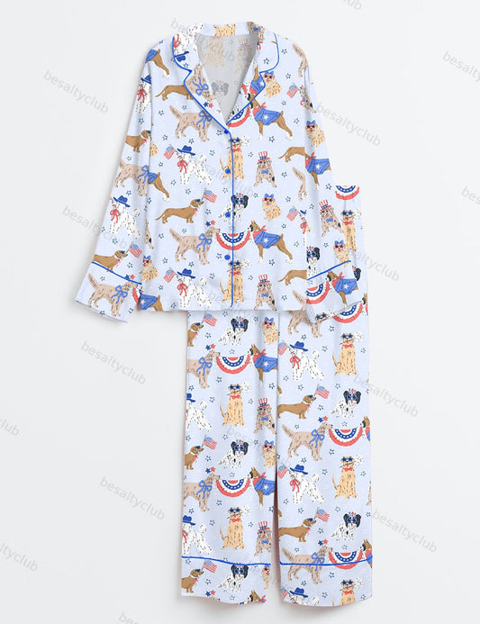 Patriotic Dog Art America Red White And Blue Summer Print Long Sleeve Satin Pajama Set