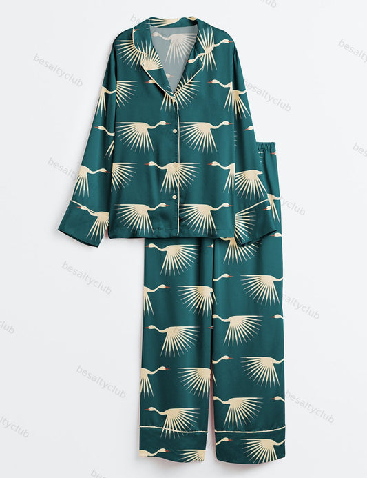 Art Deco Cranes Long Sleeve Satin Pajama Set