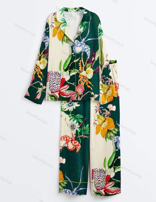 Elegant Bouquet Flowers Plant Long Sleeve Satin Pajama Set