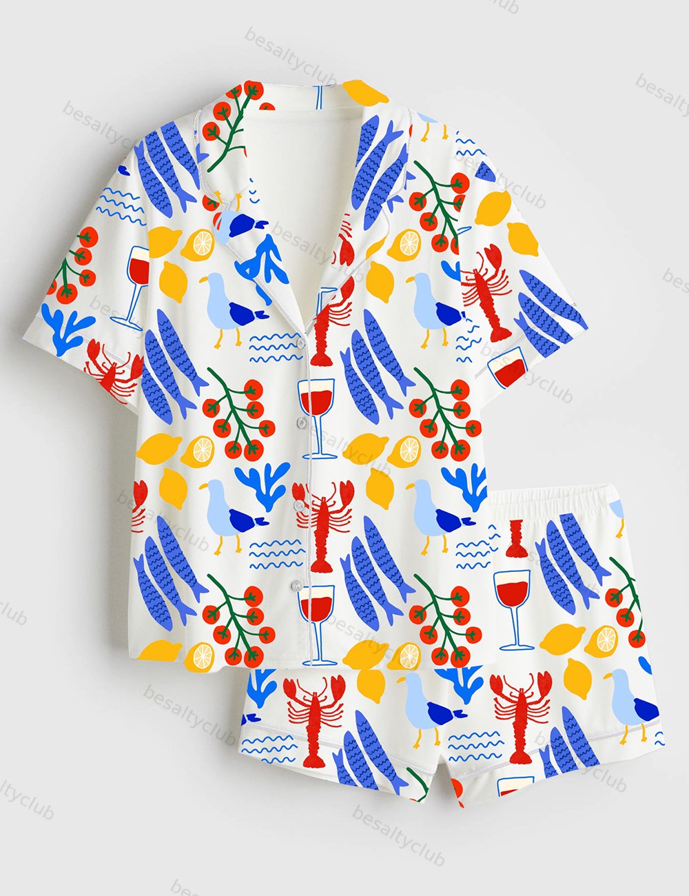 Summer Coastal Pattern Short Sleeve Satin Pajama Set