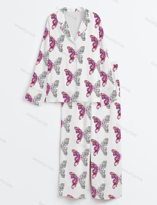 Breast Cancer Awareness Cancer Hope Pink Ribbon Pink Butterfly Print Long Sleeve Satin Pajama Set