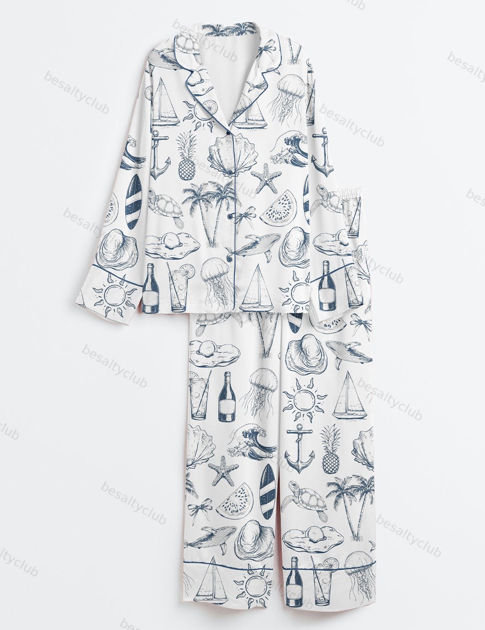 Vintage Coastal Nautical Hand Drawn Sea Life Retro Summer Beach Print Long Sleeve Satin Pajama Set