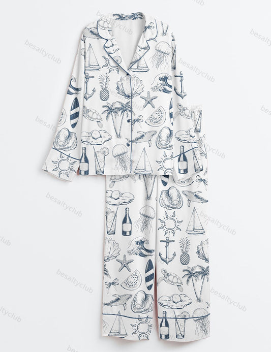 Vintage Coastal Nautical Hand Drawn Sea Life Retro Summer Beach Print Long Sleeve Satin Pajama Set
