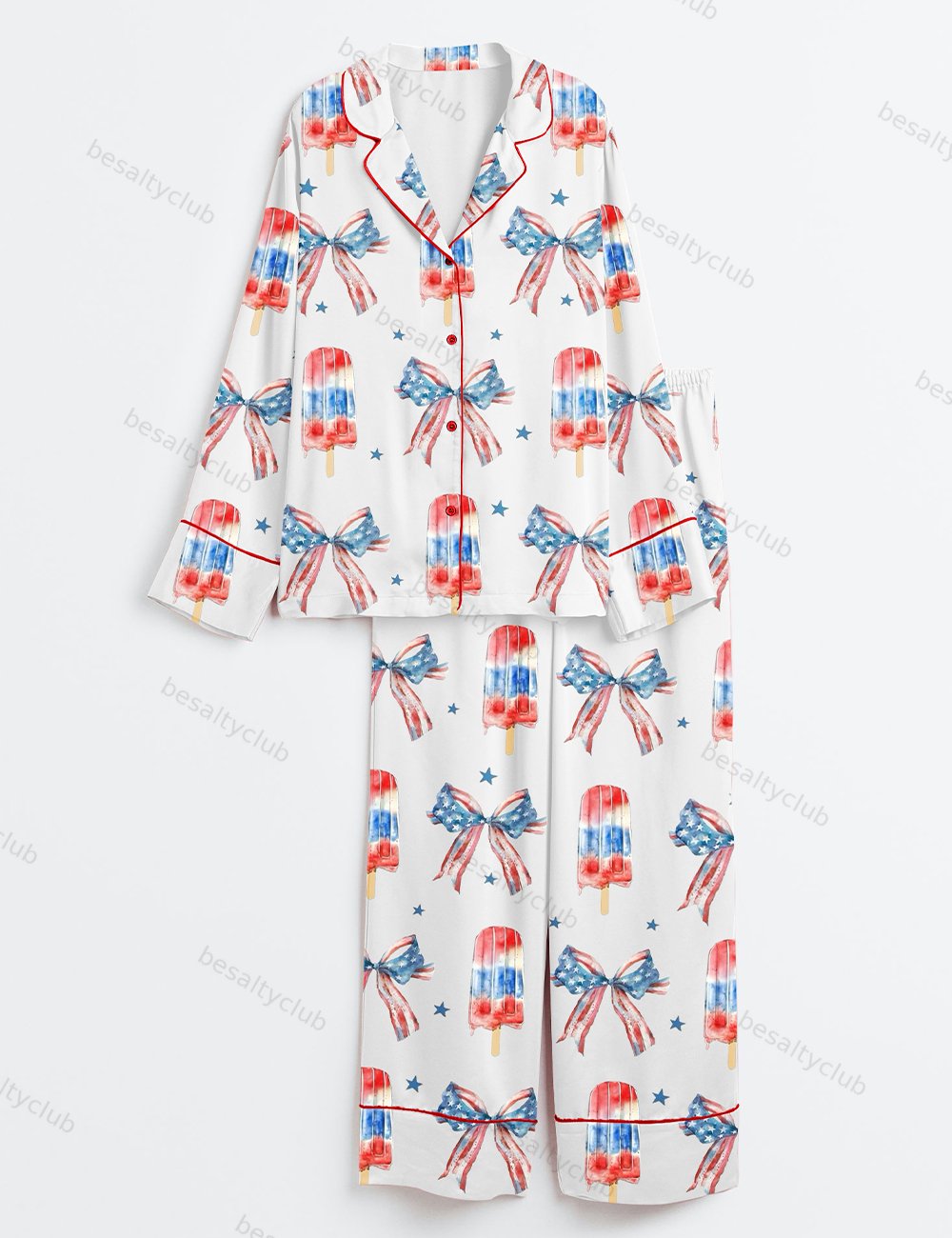 Fourth of July Popsicle Patriotic Coquette Bow American Pride Red White Blue Long Sleeve Satin Pajama Set