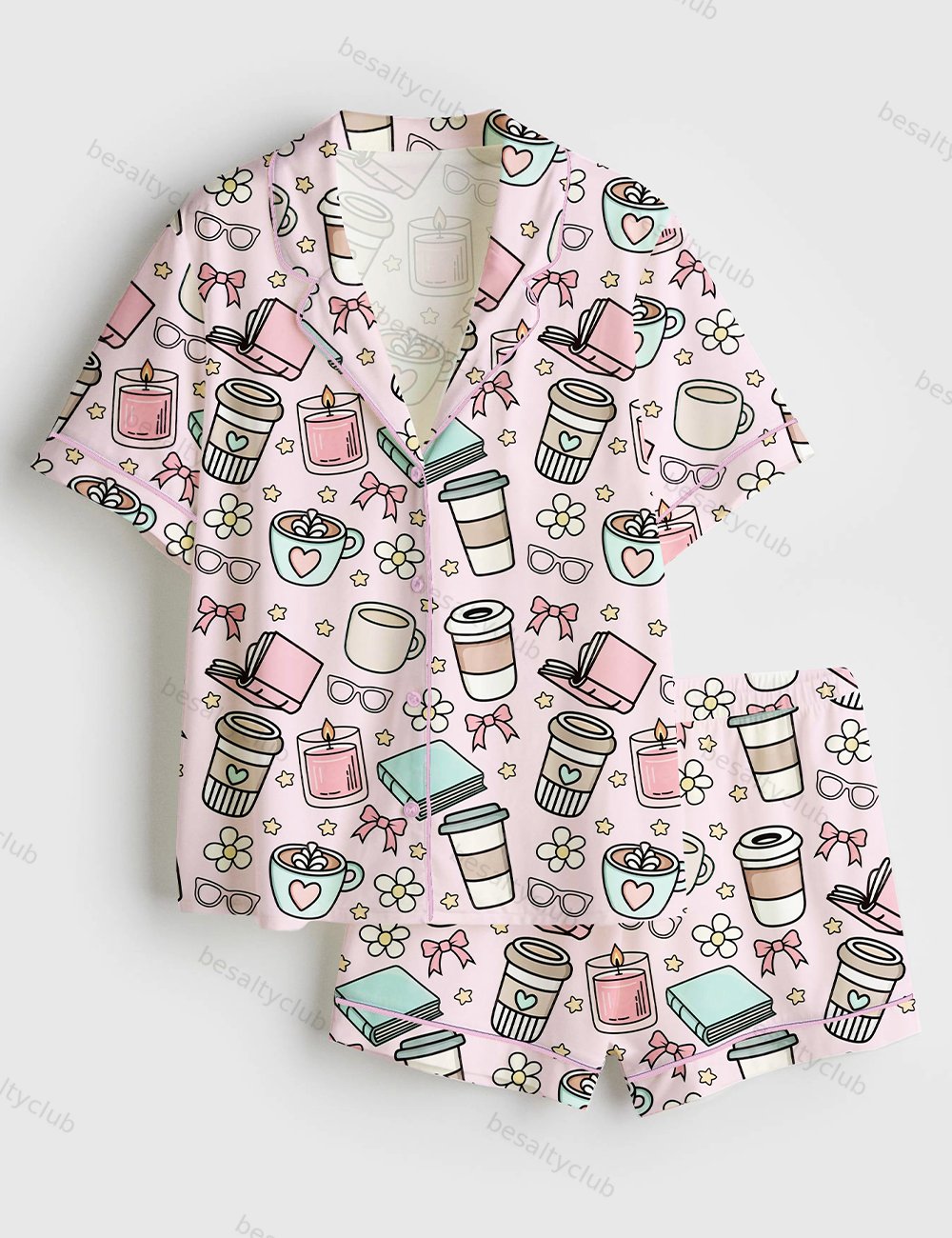 Books And Coffee Girly Morning Reading Bookish Coffee Print Short Sleeve Satin Pajama Set