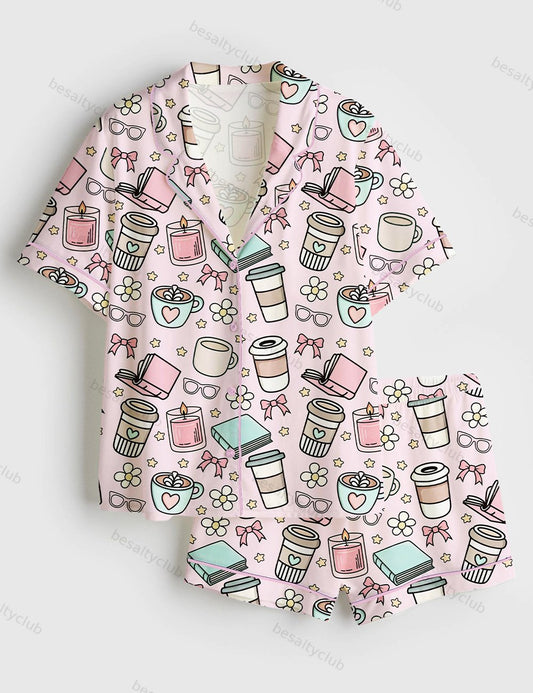 Books And Coffee Girly Morning Reading Bookish Coffee Print Short Sleeve Satin Pajama Set