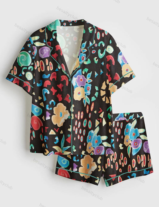 Fruits and Flowers Short Sleeve Satin Pajama Set