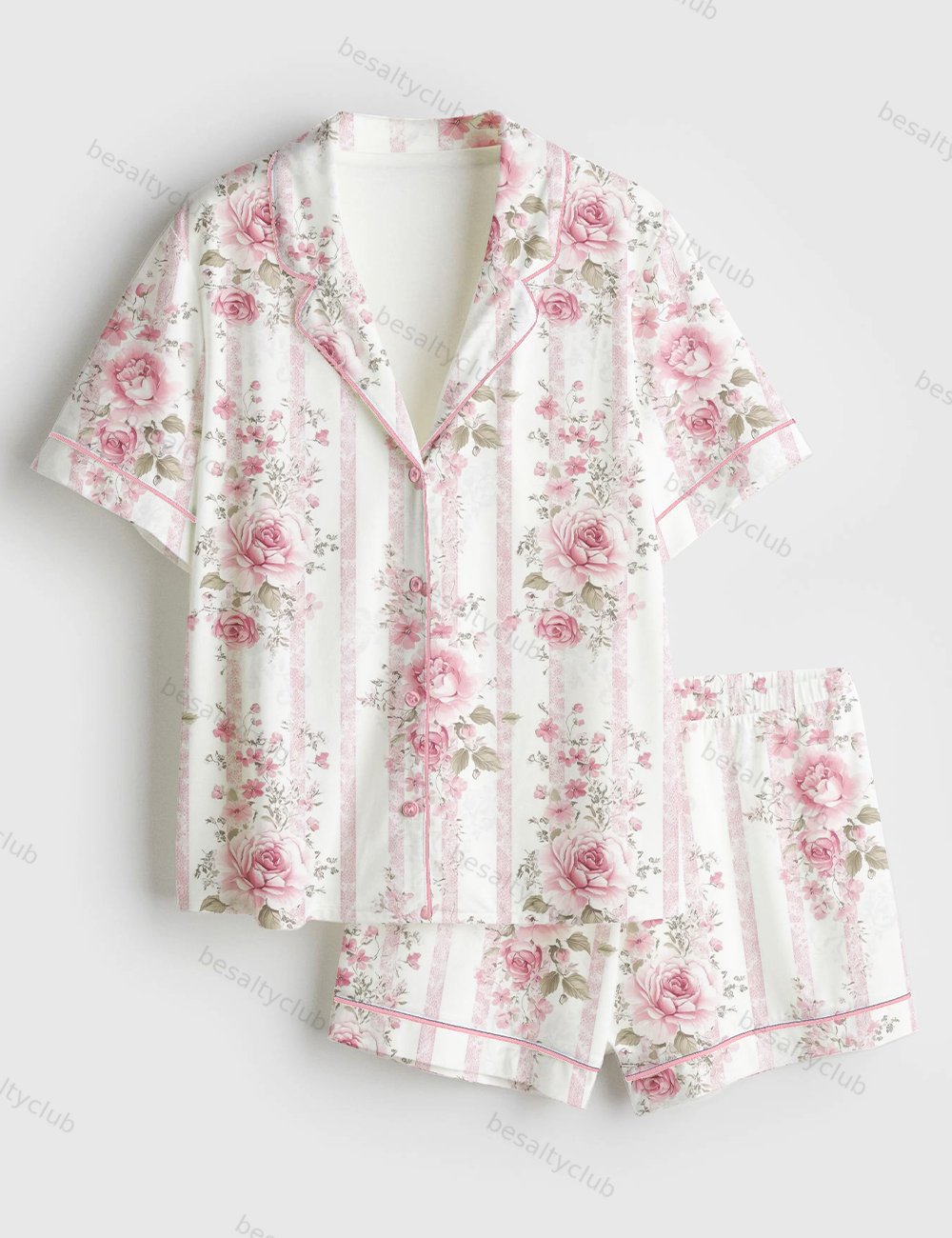 Pink Floral Stripe Wedding Short Sleeve Satin Pajama Set