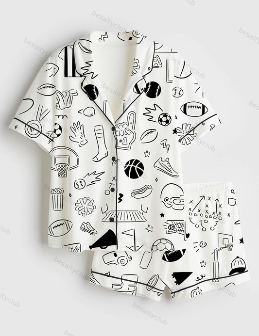 Hand Drawn Sport Football Basketball Baseball Soccer Doodles Short Sleeve Satin Pajama Set