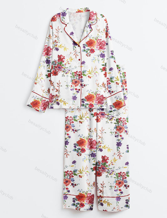 Beautiful Floral Bouquet Long Sleeve Satin Pajama Set