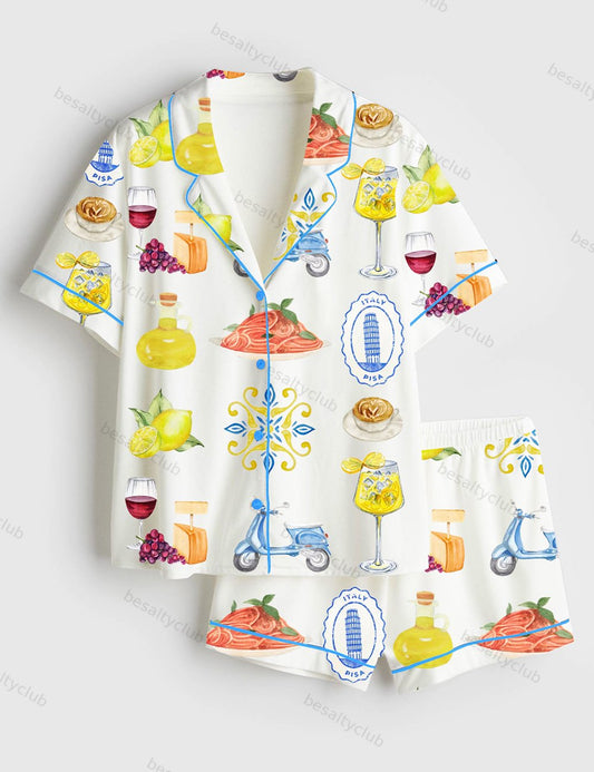 Amalfi Coast Social Club Capri Italy Lemon Tree Aperol Spritz Short Sleeve Satin Pajama Set