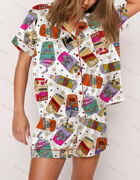 Vintage Halloween Drinks Satin Pajama Set
