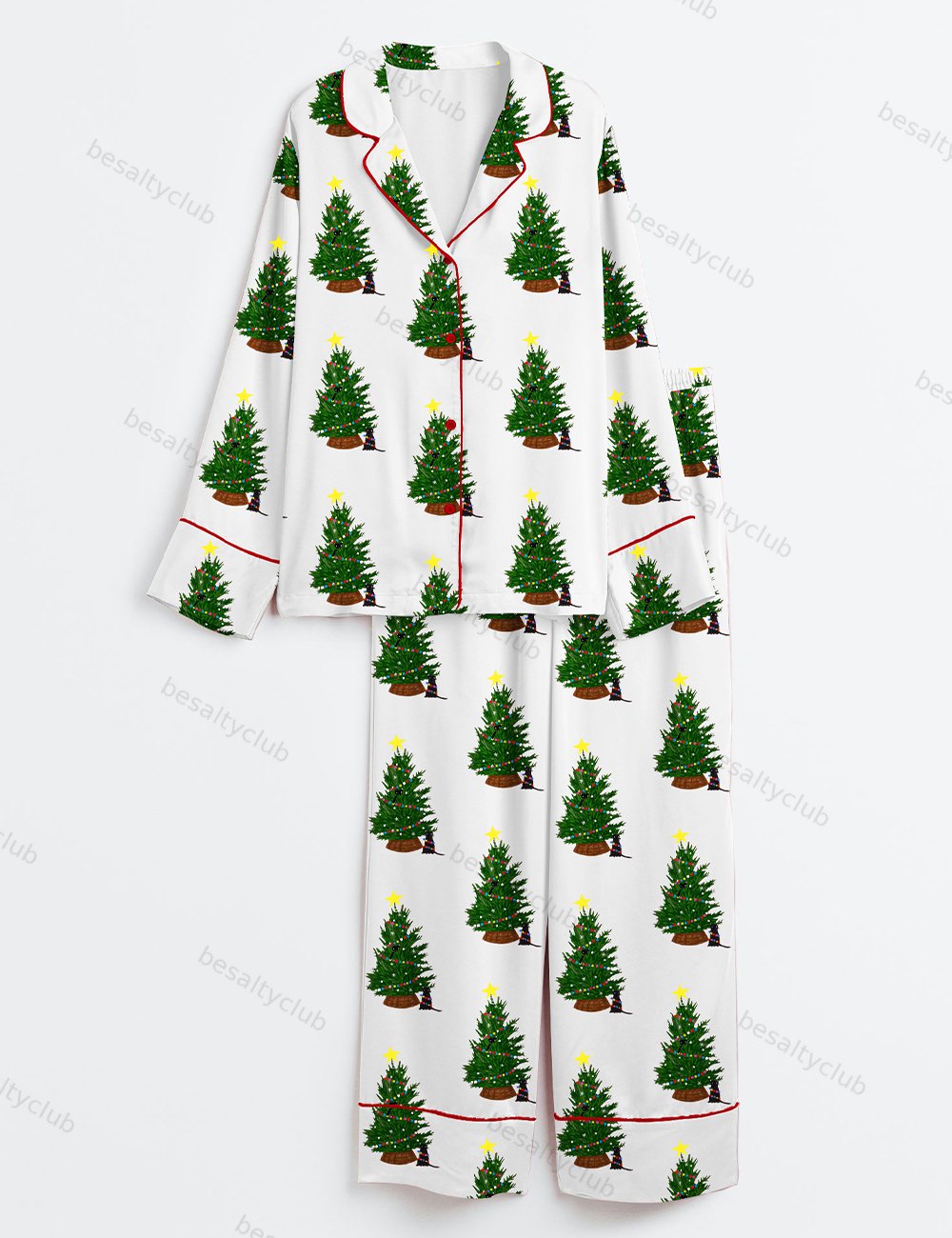 Cats Around The Christmas Tree Christmas Lights Long Sleeve Satin Pajama Set