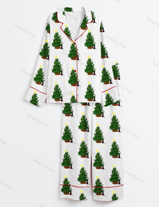 Cats Around The Christmas Tree Christmas Lights Long Sleeve Satin Pajama Set
