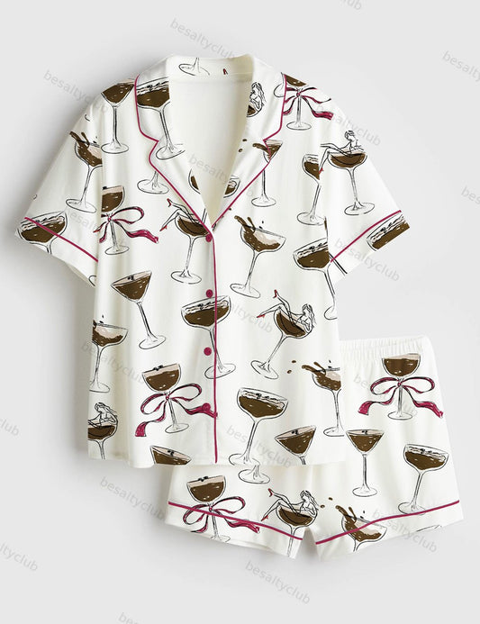 Hand Drawn Espresso Martini Color Short Sleeve Satin Pajama Set