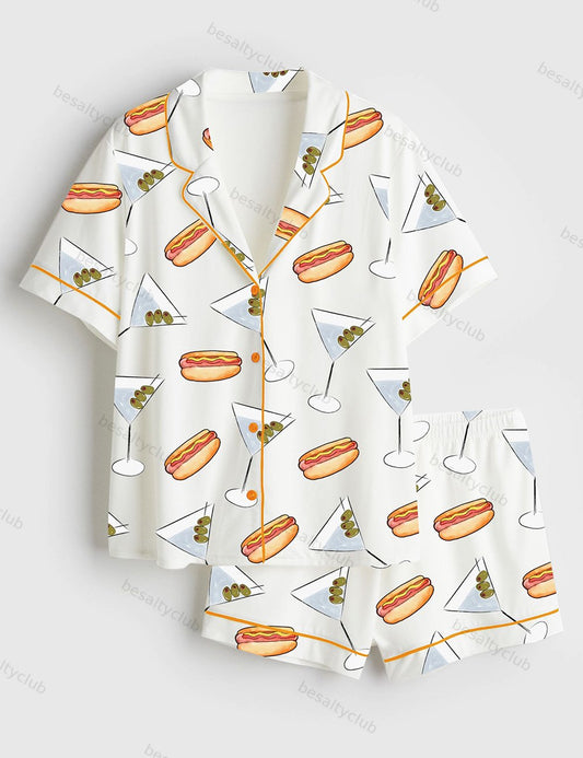 Weenies And Tinis Hot Dogs Martinis Bachelorette Weekend Short Sleeve Satin Pajama Set