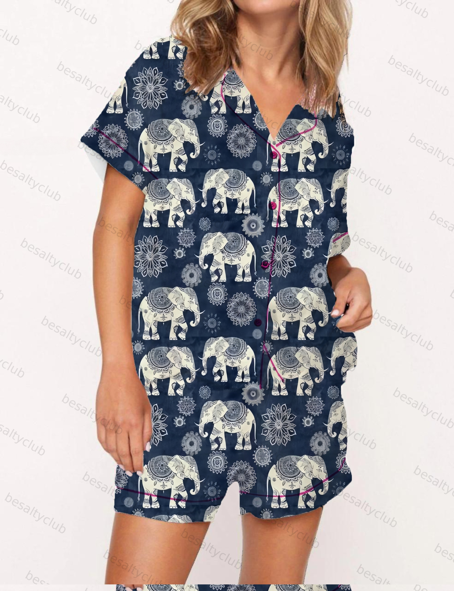 Floral Elephant Print Satin Pajama Short Set