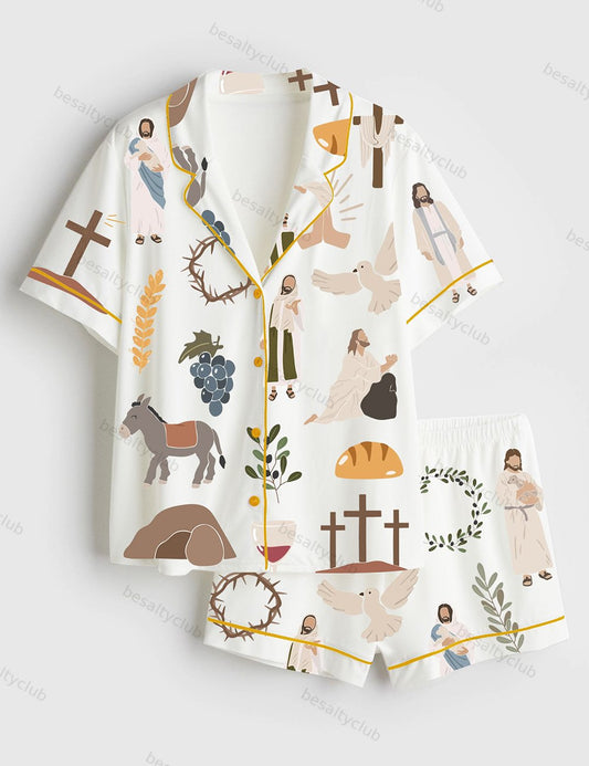 Jesus Christian Bible Peace Love Faith Wine Short Sleeve Satin Pajama Set