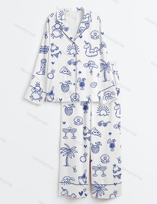Beach Bachelorette Coastal Wedding Long Sleeve Satin Pajama Set