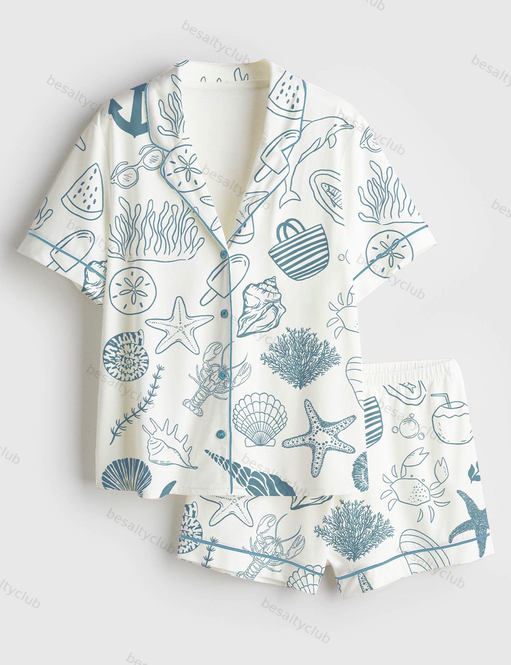 Coastal Hand Drawn Beach Ocean Elements Summer Nautical Print Short Sleeve Satin Pajama Set