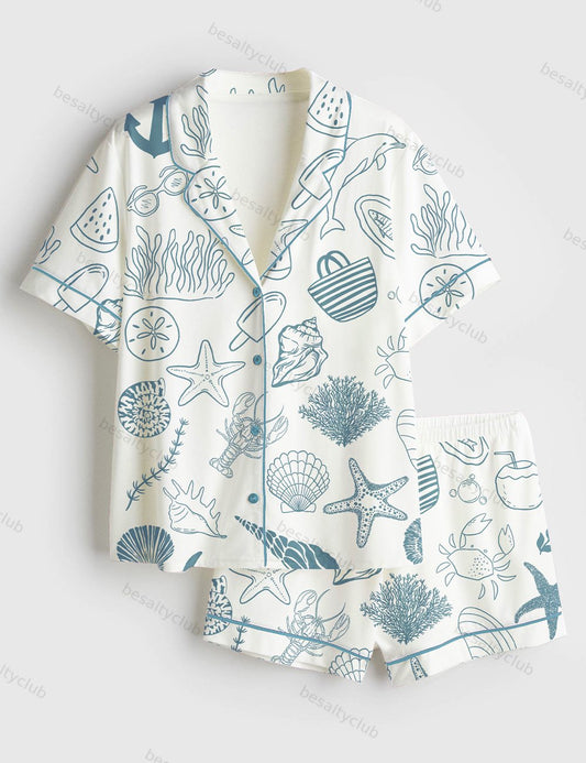 Coastal Hand Drawn Beach Ocean Elements Summer Nautical Print Short Sleeve Satin Pajama Set