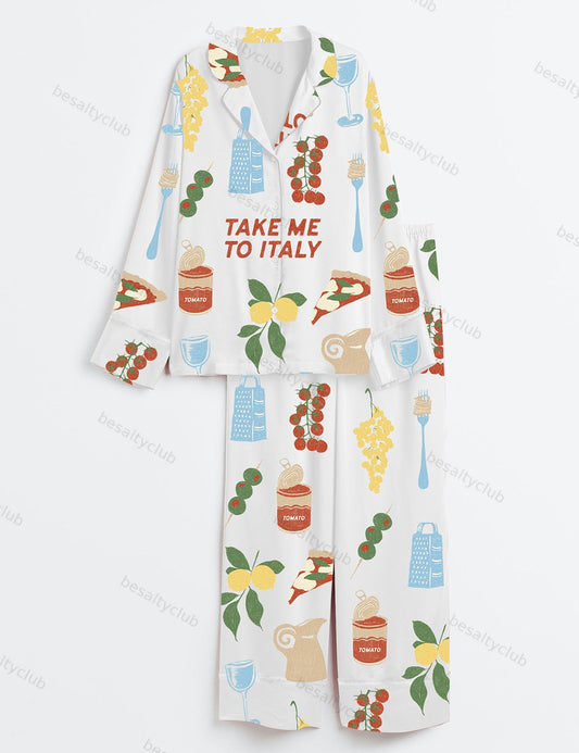 Take Me To Italy Travel Long Sleeve Satin Pajama Set