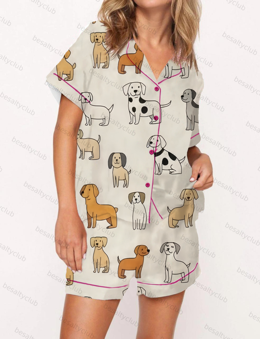 Cartoon Dogs Print Satin Pajama Short Set