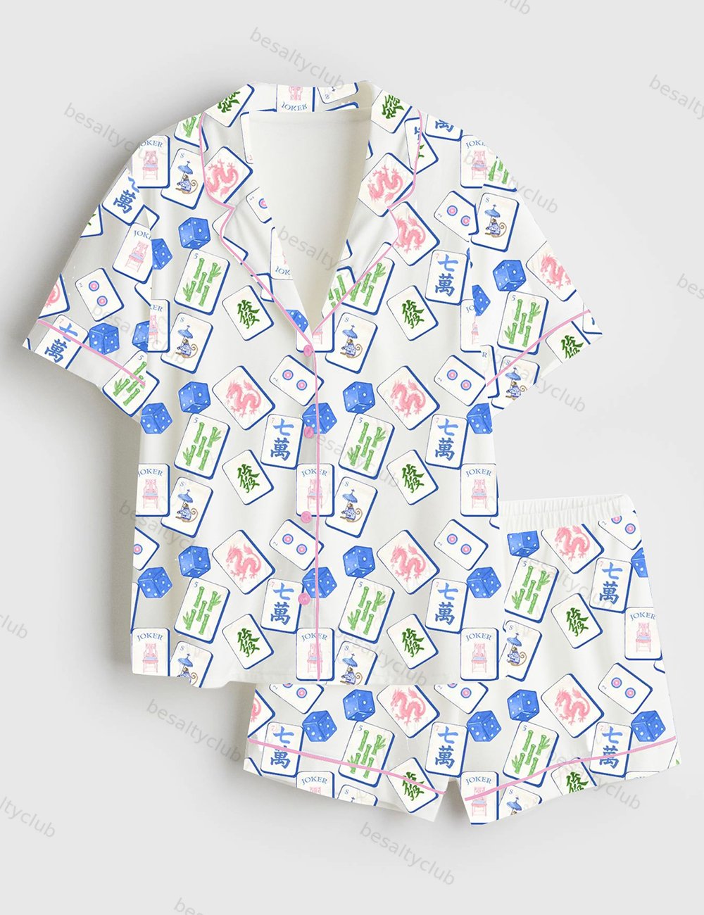 Mahjong Set Chinoiserie Blue Watercolor Chinoiserie Grand Millennial Wedding Print Short Sleeve Satin Pajama Set