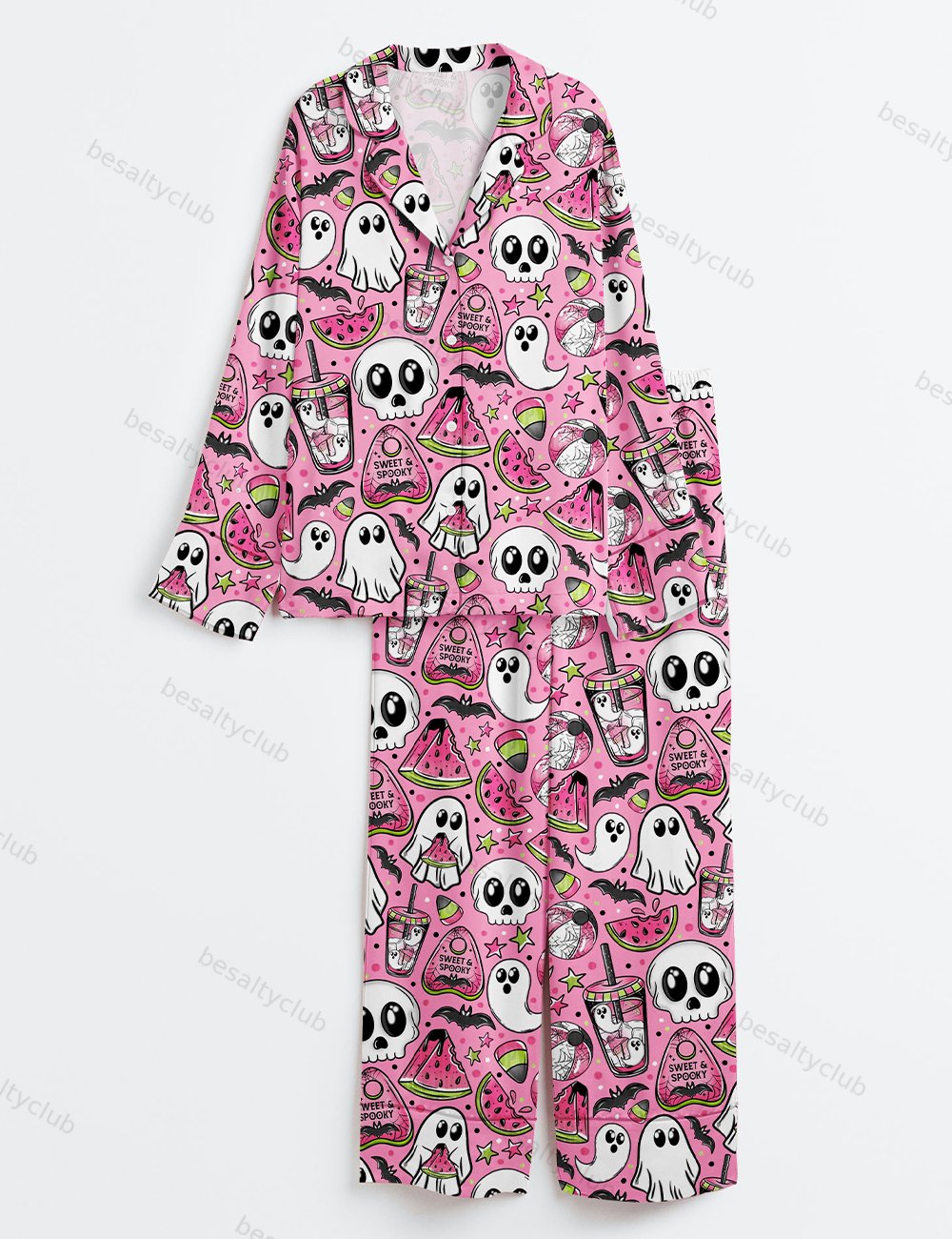 Spooky Watermelon Summer Ghost Skellie Skeleton Bat Drink Spooky Halloween Print Long Sleeve Satin Pajama Set