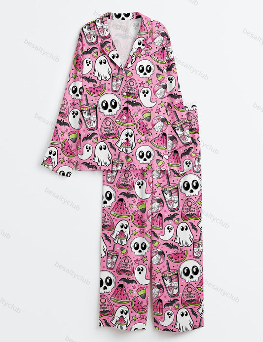 Spooky Watermelon Summer Ghost Skellie Skeleton Bat Drink Spooky Halloween Print Long Sleeve Satin Pajama Set