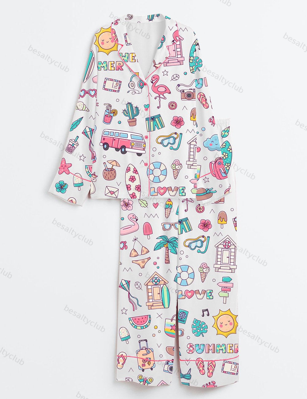 Summer Love Travel Holidays Art Tropical Flamingo Draw Surf Beach Sunny Van Long Sleeve Satin Pajama Set