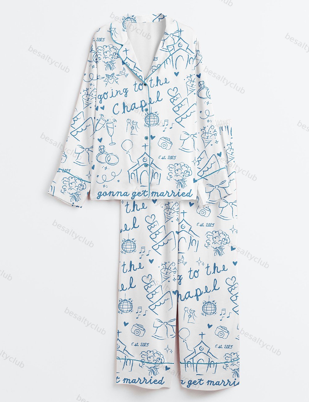 Going To The Chapel Gonna Get Married Bachelorette Bride Wedding Art Print Long Sleeve Satin Pajama Set