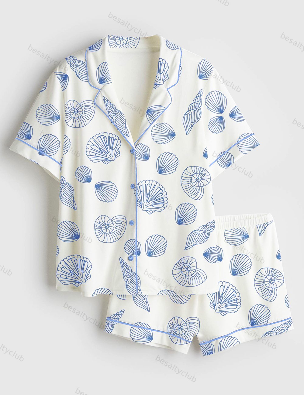 Coastal Shell Summer Beach Short Sleeve Satin Pajama Set