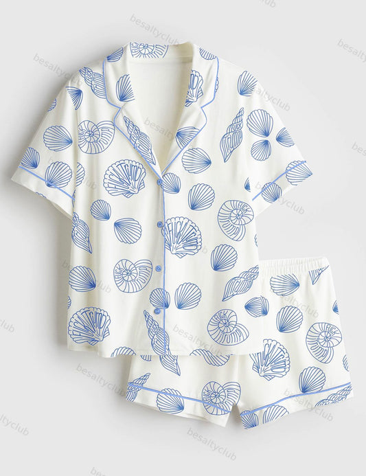 Coastal Shell Summer Beach Short Sleeve Satin Pajama Set