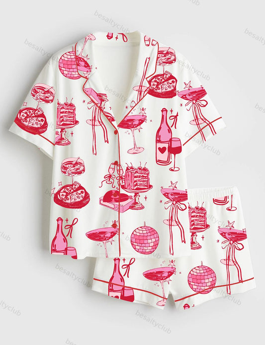 Homebody Cocktail Girl Social Club Retro Disco Ball Margarita Print Short Sleeve Satin Pajama Set