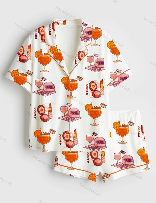 F1 Cocktail Helmet Short Sleeve Satin Pajama Set