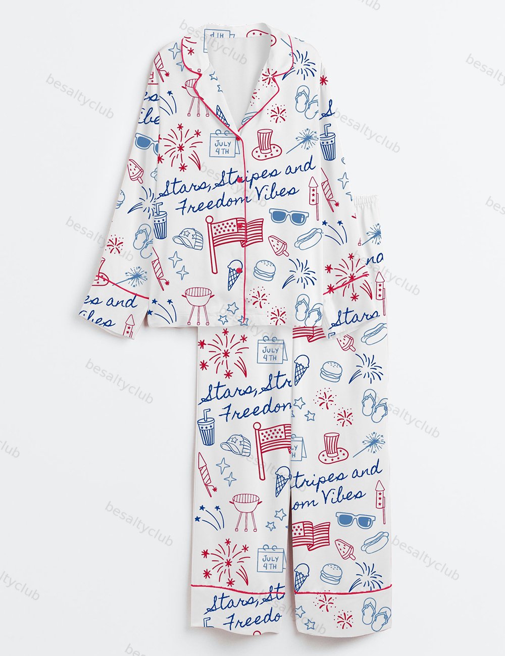 Stars Stripes And Freedom Vibes 4th Of July Patriotic America Print Long Sleeve Satin Pajama Set