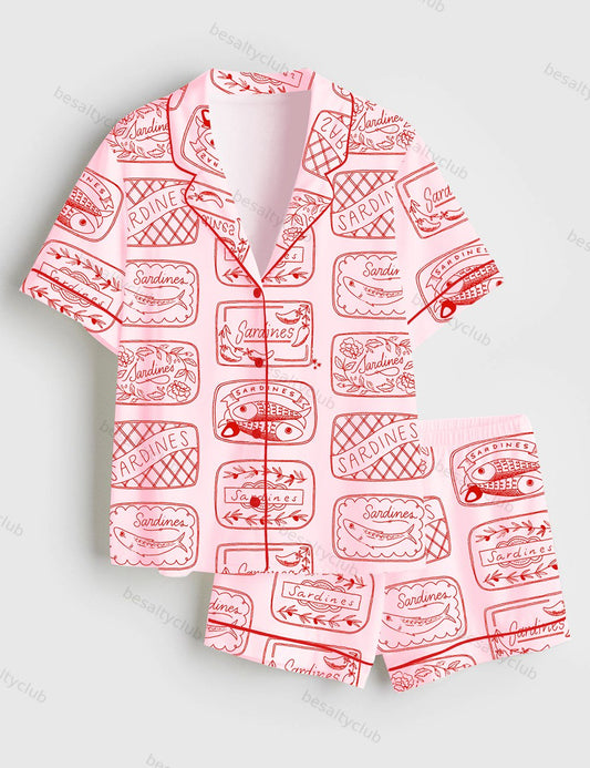 Sardine Art Print Short Sleeve Satin Pajama Set
