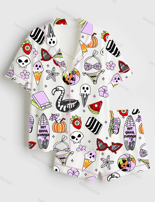 Summerween Funny Halloween Spooky Season Pumpkin Halloween Print Short Sleeve Satin Pajama Set