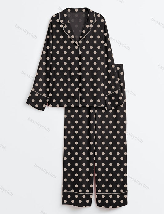Polka Dot Print Long Sleeve Satin Pajama Set
