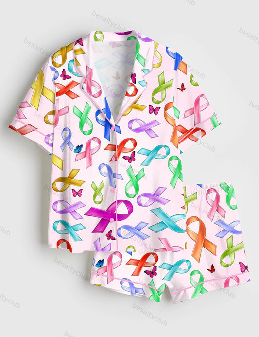 Breast Cancer Awareness Pink Ribbon Short Sleeve Satin Pajama Set