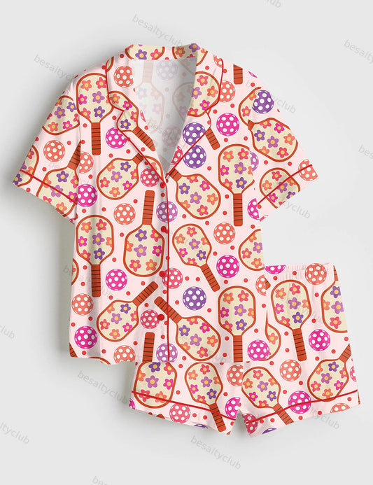 Groovy Floral Pickleball Paddles Short Sleeve Satin Pajama Set