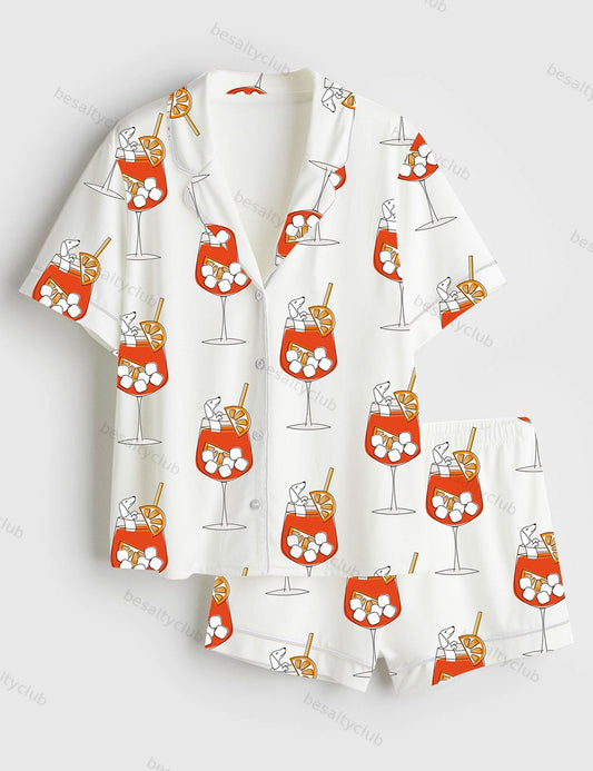 Aperol Spritz Dachshund Short Sleeve Satin Pajama Set