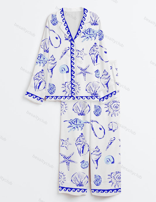 Sea Summer Seashell Coastal Summer Beach Long Sleeve Satin Pajama Set