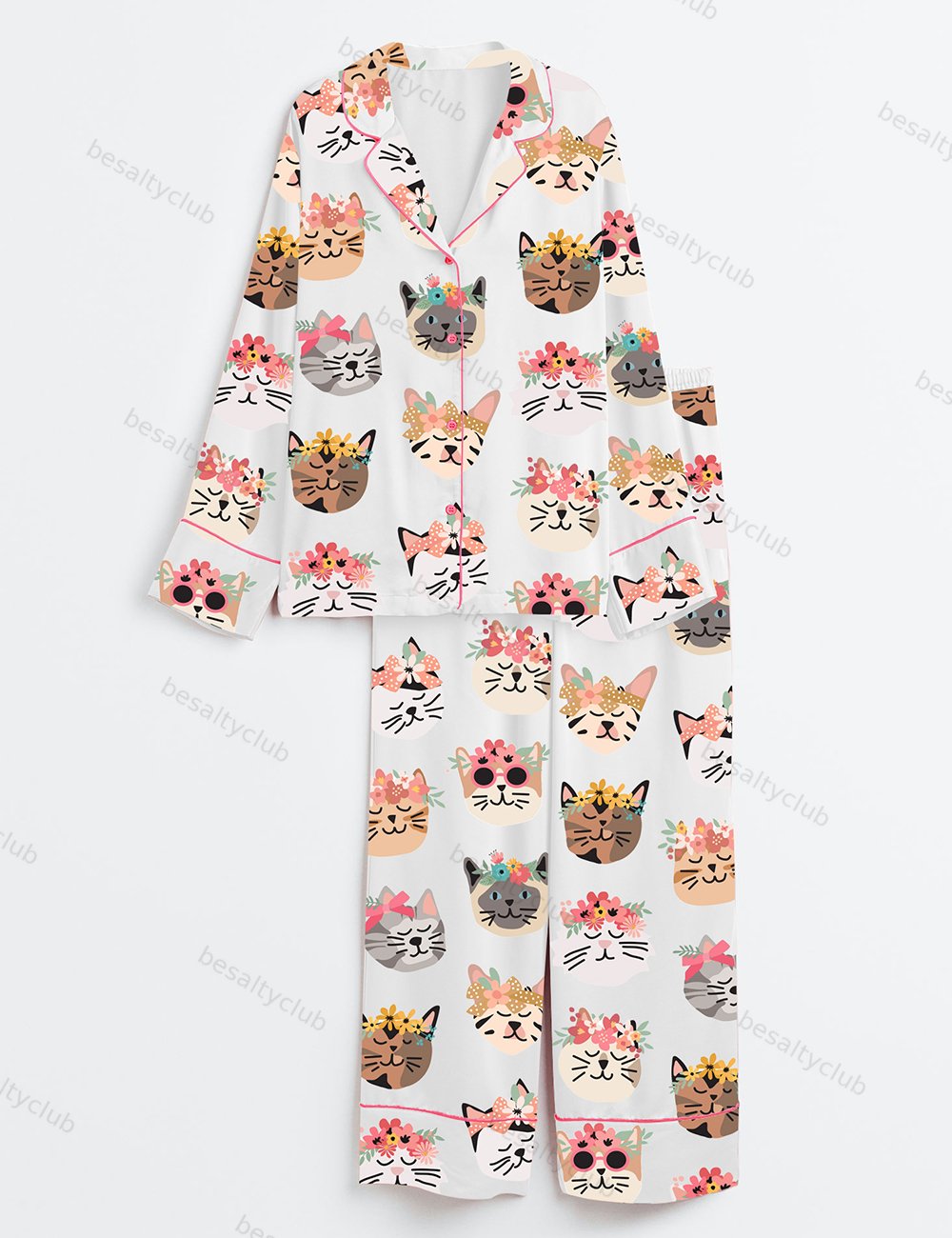 Flower Cat Long Sleeve Satin Pajama Set