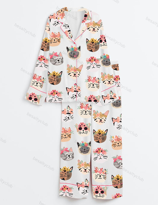 Flower Cat Long Sleeve Satin Pajama Set