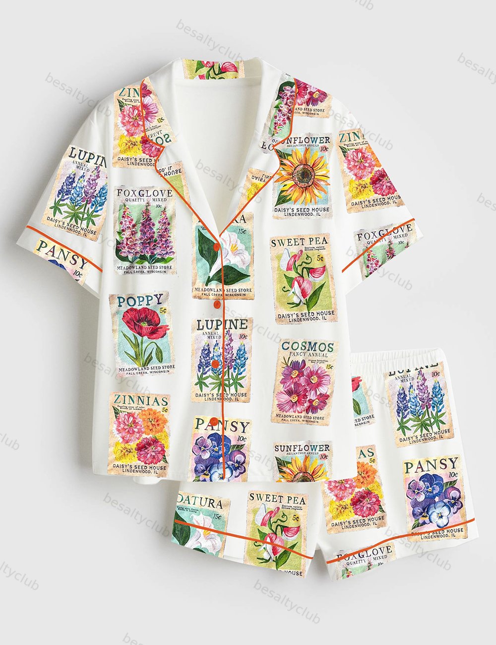 Seed Packet Flower Plant Short Sleeve Satin Pajama Set