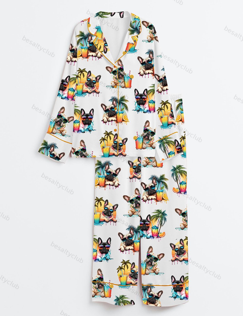 French Bulldog Cute Frenchie Head Summer Beach Cold Beer Alcohol Print Long Sleeve Satin Pajama Set