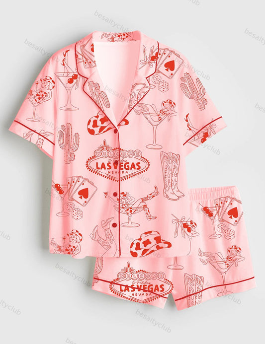Hand Drawn Western Disco Cowgirl Boots Texas Las Vegas Bachelorette Party Print Short Sleeve Satin Pajama Set