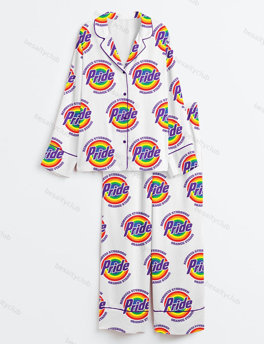 Pride Removes Stubborn Orange Stains LGBTQ Pride Month Print Long Sleeve Satin Pajama Set